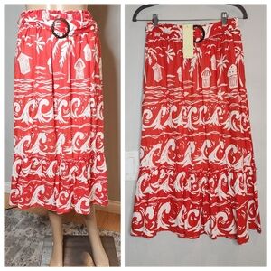 NWT C&C California Linen Rayon Red Seaside Palm Tree Belted Midi Skirt Large